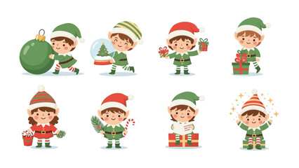 Cheerful Christmas Elf: A festive collection of elves brimming with holiday cheer, engaged in delightful activities like gift-giving and decorating. Each elf radiates warmth.