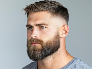 Obraz premium Portrait of a young Caucasian man with a stylish beard and haircut, exuding confidence and charisma.