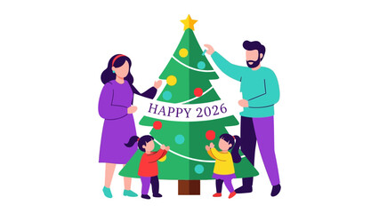 Joyful Holiday Gathering: A family lovingly decorates a festive tree, creating cherished memories, with the promise of a joyful new year.
