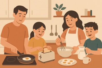 Happy family preparing a morning meal with father frying eggs, mother making batter, and children toasting bread