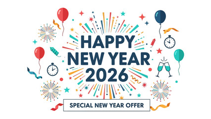 New Year 2026: An eye-catching illustration announces a vibrant new year filled with joyous celebration, with fireworks, confetti, and balloons creating a festive ambiance for the upcoming 2026.