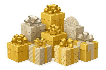 Festive Gift Pyramid. Array of beautifully wrapped Christmas gifts in gold and silver foil, topped with intricate bows and ribbons. The gifts are arranged in a. Vector illustration