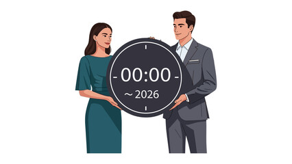 Time for new era: A couple stands together, holding a large clock set to a symbolic time, heralding the arrival of a new year, symbolizing new beginnings, fresh starts.