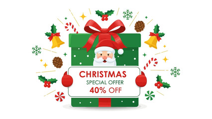 Christmas Offer Illustration: A vibrant illustration showcasing Santa Claus holding a sign that says Christmas Special Offer 40% Off, the image radiates a feeling of joy and anticipation.