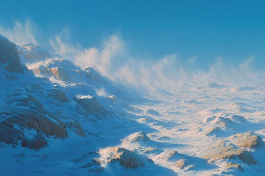 Waves of icy wind over snowy mountains, digital art symbolizing purity, strength and spiritual calm, perfect for winter campaigns or nature themes