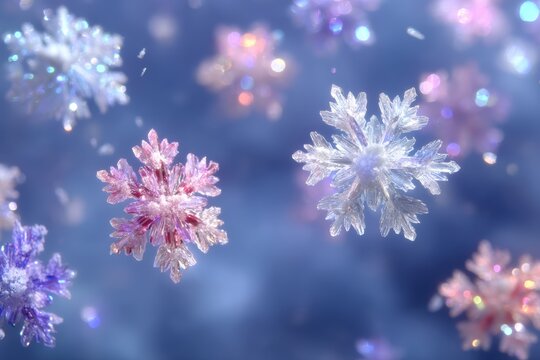 Close-up of sparkling snowflakes in pastel colors, representing fragility and renewal, perfect for Christmas cards or creative winter designs