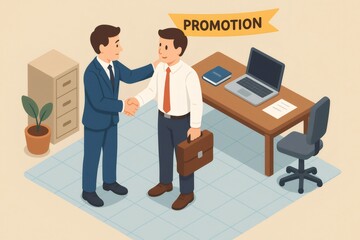 Obraz premium Two businessmen are shaking hands and celebrating a promotion. One man congratulates the other in a professional office setting