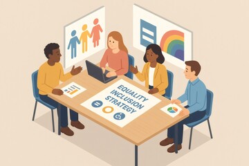 Diverse business team discussing an equality and inclusion strategy during a meeting, promoting diversity in the workplace