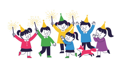 Joyful Celebration: A group of children celebrating with party hats and sparklers, embracing the magic of childhood. 