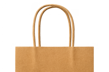 Brown kraft paper shopping bag with rope handles for retail packaging, eco-friendly consumerism, and advertising design on transparent background