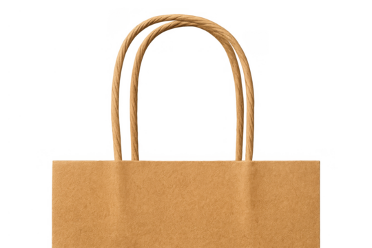 Brown kraft paper shopping bag with rope handles for retail packaging, eco-friendly consumerism, and advertising design on transparent background