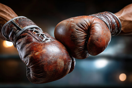 Closeup of Two Worn Leather Boxing Gloves Touching Before a Fight - Powered by Adobe