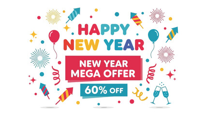 New Year Mega Offer: A vibrant promotional banner to herald in the New Year with a mega offer, showcasing a celebratory design with festive elements to draw attention.