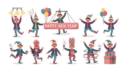 Fototapeta premium Festive Revelers: A vibrant collection of elves revel in the New Year's spirit, showcasing joyful scenes with gifts, balloons, and confetti against a simple backdrop.