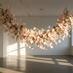 Floral garland installation in minimal sunlit gallery