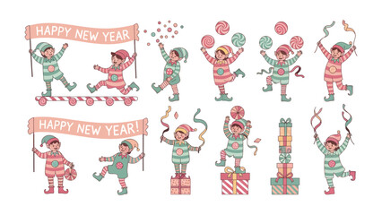 Holiday Elf Celebration Set: A charming collection of playful elves joyfully celebrate the New Year with a banner, confetti, and gifts, perfectly capturing the spirit of festivities and anticipation.