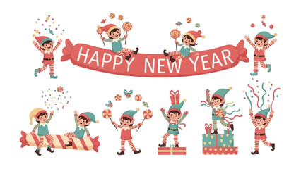 Holiday Elves in Celebration: Cheerful elves frolic joyfully to usher in the new year. A festive scene filled with confetti, gifts, and the spirit of holiday merriment.