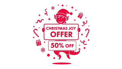 Festive Christmas Offer: A charming elf proudly presents a festive Christmas Joy Offer sign, advertising a generous 50% discount against a backdrop of playful holiday graphics.