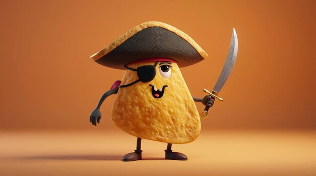 Funny chip pirate character brandishing sword in playful cartoon animation for kids snack food advertising campaign