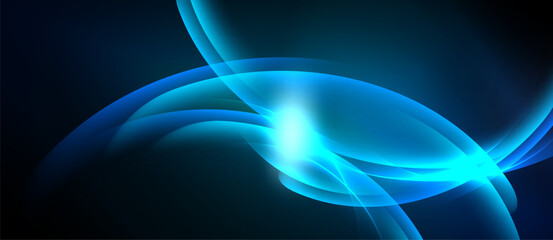 Abstract blue swirls, luminous center. Dark background creates dramatic visual effect. Smooth curves suggest movement, energy.