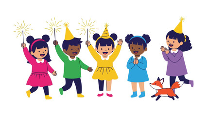 Celebratory Gathering: A group of children radiate pure joy and anticipation as they celebrate a special occasion with festive sparklers and cheerful party hats.