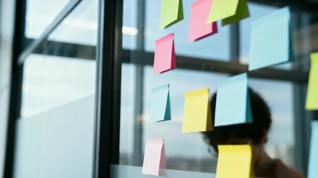 Creative professional placing sticky note on glass wall during brainstorming session. Man organizing ideas for agile project planning in modern office. Business strategy concept