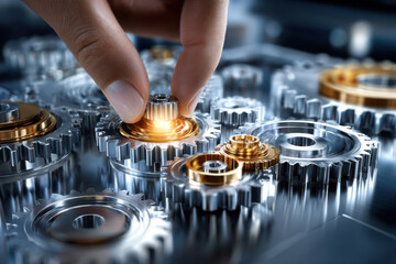 Hand adjusting metal gears in a complex mechanical assembly during a busy workshop setting