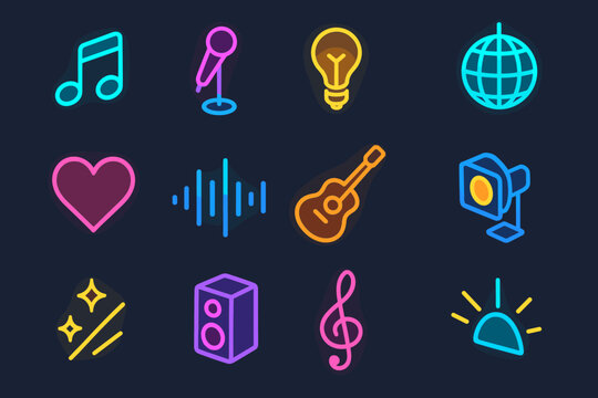 Isometric Music Icons. Music & Lights flat icons set. neon note, microphone stand, light bulb, disco sphere, glowing heart, soundwave, guitar, stage lamp, sparkle lines, speaker