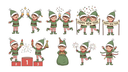 Joyful Festive Elves Celebrating: Animated elves in festive attire joyfully celebrate Christmas and New Year with a variety of holiday props, including champagne, a banner, and sparklers.