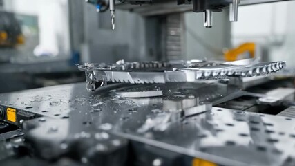 Dynamic medium framing of stamping machine creating intricate curved and angled elements focusing on synchronized motions and detailed pattern formation.