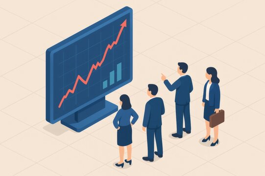 Business people observing a financial chart with an upward trend, representing successful investment, profit, and economic surge