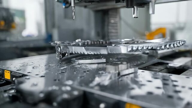 Dynamic medium framing of stamping machine creating intricate curved and angled elements focusing on synchronized motions and detailed pattern formation.