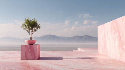 Pink marble landscape with solitary tree and distant mountains surreal minimalist