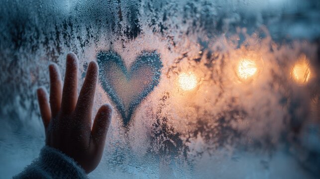 Frosty Heart's Embrace: A tender moment unfolds as a hand delicately touches a heart drawn on a frosty window, expressing love and warmth amidst the cold, winter atmosphere.