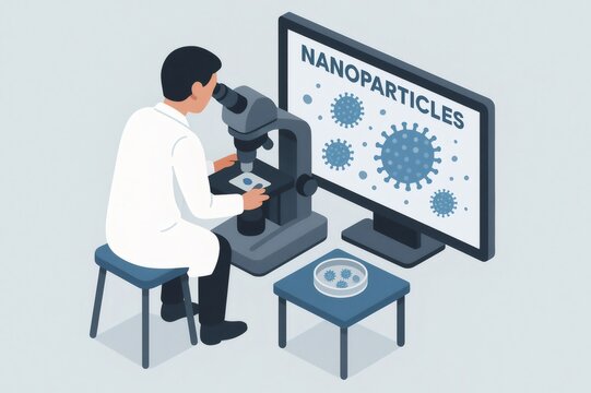Scientist examining nanoparticles with a microscope and computer display. Focusing on research, nanotechnology development, and microbiology - Powered by Adobe