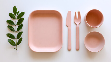 Pink tableware and green leaves arranged neatly plate bowl