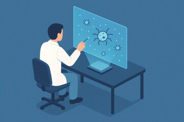 Scientist researching viruses or bacteria with a holographic display, studying medical data and future technology in a diagnostic setting