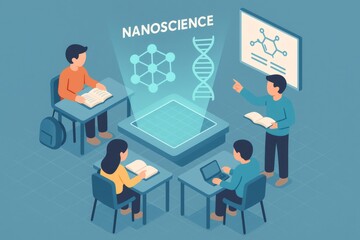 Students and professor interacting with an advanced holographic display, studying nanoscience concepts like DNA and molecular structures