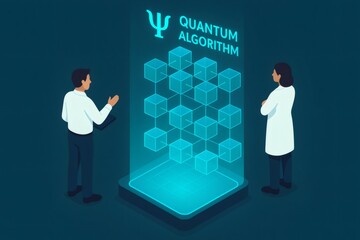 Two researchers are engaging with a holographic display showing a quantum algorithm represented by interconnected cubes and data