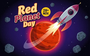 Illustrated Red Planet Day scene captures rocket launch toward red Martian world.