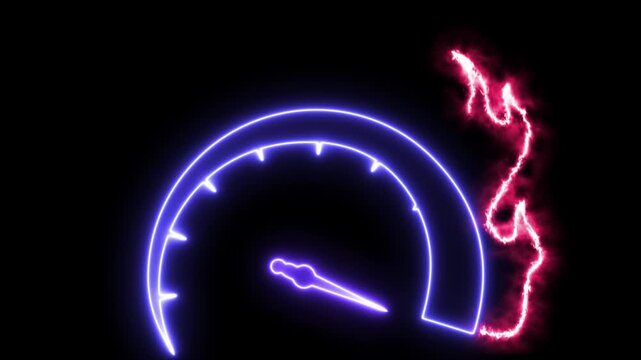 Neon blue speedometer accelerating with bursting pink fire flames. Glowing futuristic dashboard gauge animation for speed and racing