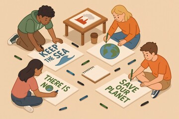 Group of diverse children creating posters with environmental messages like Keep the Sea and Save Our Planet, promoting sustainability