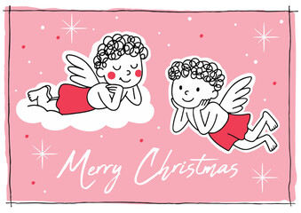 A sweet Christmas illustration featuring two cute child angels with curly hair and wings resting on clouds and floating in the sky for Christmas greeting cards, posters, banners,  holiday designs.