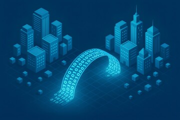 Binary code bridging two urban cityscapes, representing global network connection, data transfer, and digital communication