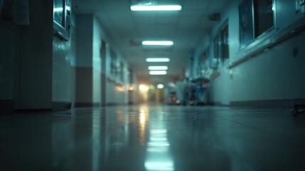 Echoes of Reflection: A somber hospital corridor unfolds, its polished floor mirroring the dim fluorescent lights overhead, casting a cool, almost sterile ambiance. The scene.