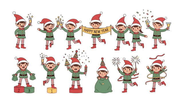 Holiday cheer in elf celebration:A festive assembly of elfs joyfully welcomes a new year. They embrace holiday joy in a celebratory, fun illustration perfect for seasonal greetings.