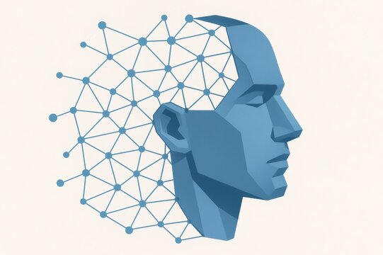 Stylized head connecting with a digital mesh, symbolizing artificial intelligence, machine learning, and technological transformation - Powered by Adobe