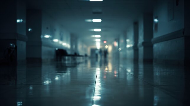 Dimly Lit Corridor: An eerie, elongated perspective reveals a somber hallway bathed in a cool, subdued light. The long corridor and a pair of distant figures shrouded in shadows.
