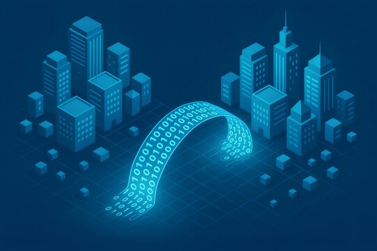 Binary code bridging two urban cityscapes, representing global network connection, data transfer, and digital communication