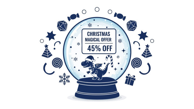 Christmas Magical Offer: A festive graphic featuring a snow globe with a dinosaur in a Santa hat, advertising a 45% discount, encircled by holiday ornaments.